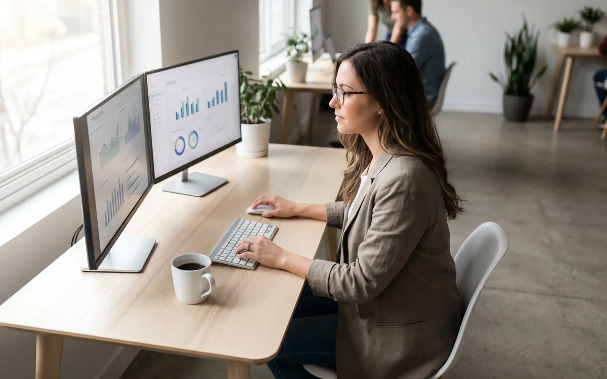 IT administrator reviewing dashboards on two monitors at a desk