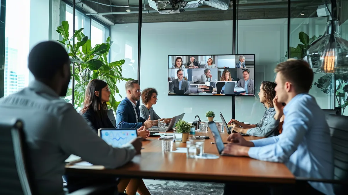 Team in a meeting room on a video working session